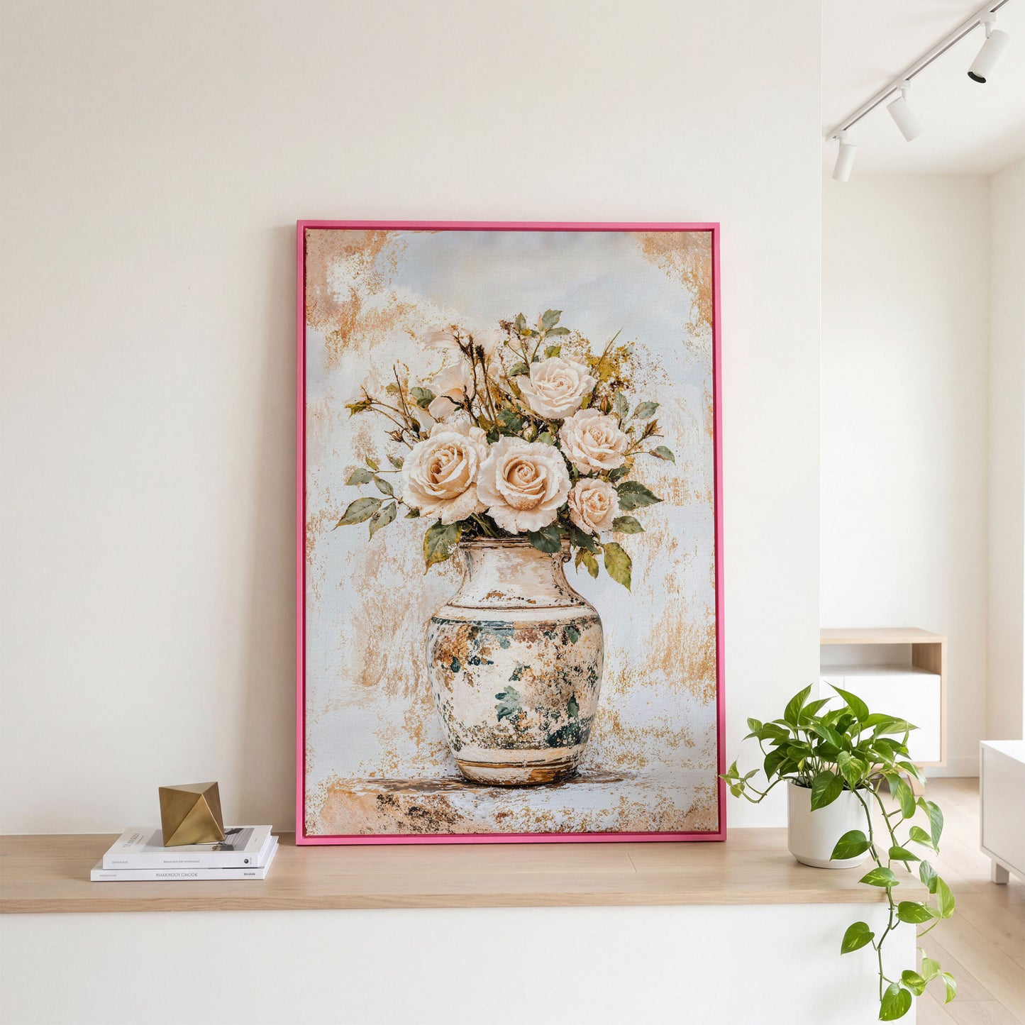 Roses in a Vase Canvas Print. Vintage Floral Still Life Wall Art in pink floating frame