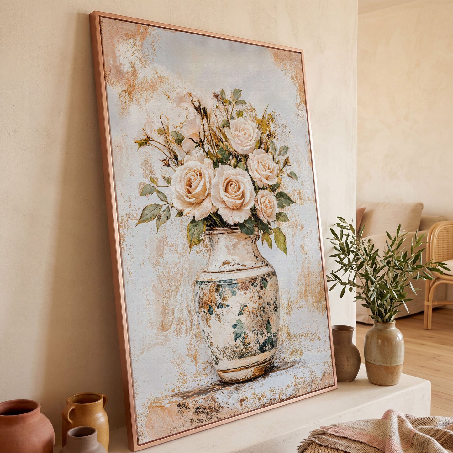 Roses in a Vase Canvas Print. Vintage Floral Still Life Wall Art in rose gold floating frame