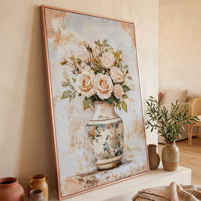 Roses in a Vase Canvas Print. Vintage Floral Still Life Wall Art in rose gold floating frame