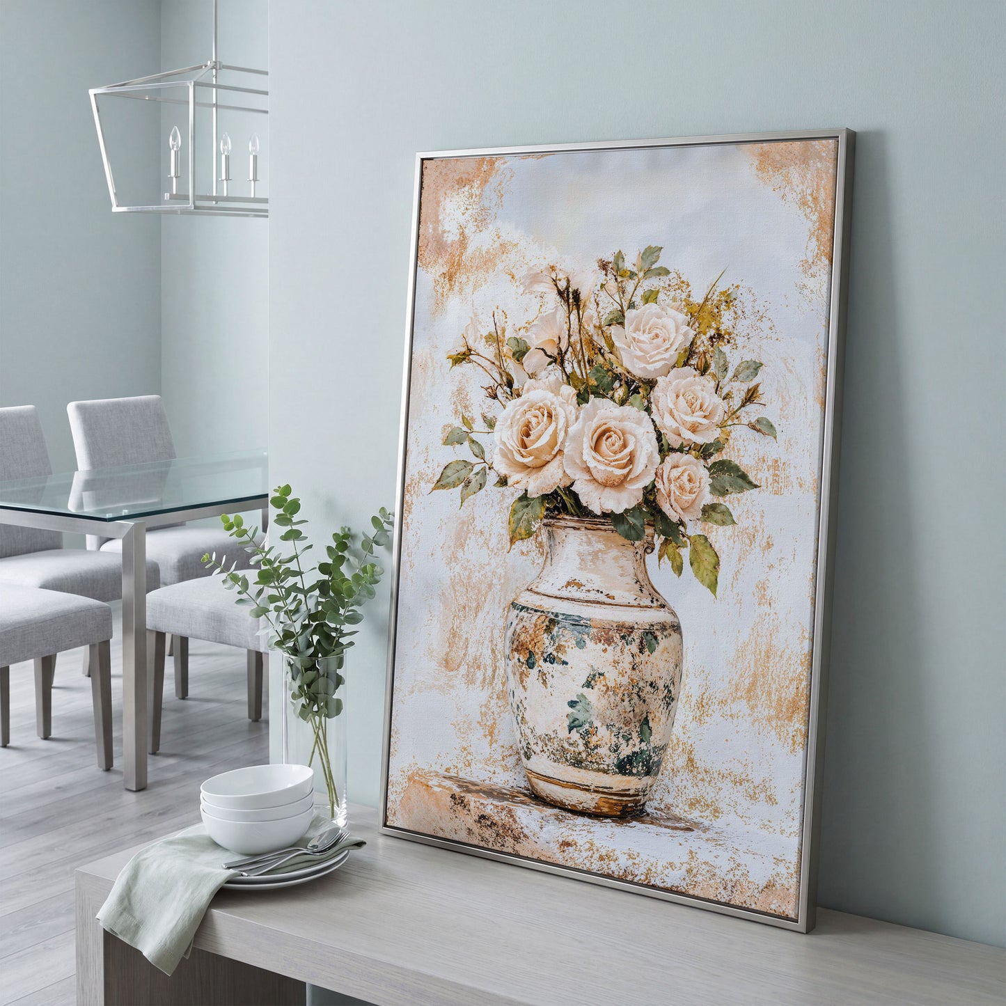 Roses in a Vase Canvas Print. Vintage Floral Still Life Wall Art in silver floating frame