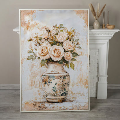 Roses in a Vase Canvas Print. Vintage Floral Still Life Wall Art in white floating frame