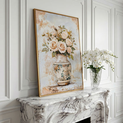 Roses in a Vase Canvas Print. Vintage Floral Still Life Wall Art in yellow gold floating frame
