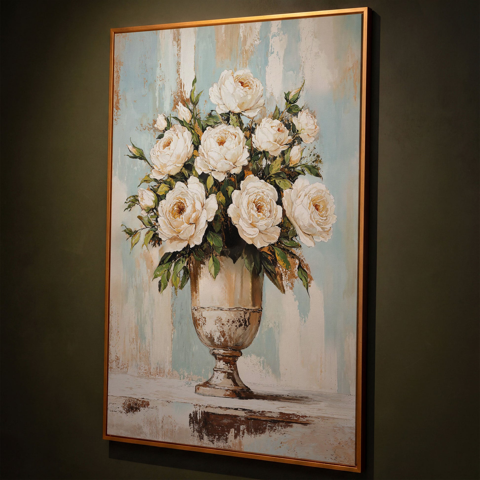 White Roses in an Ornate Vase, Floral Canvas Wall Art shown in antique gold floating frame