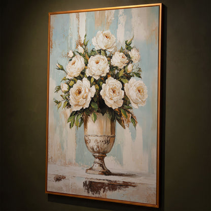 White Roses in an Ornate Vase, Floral Canvas Wall Art shown in antique gold floating frame