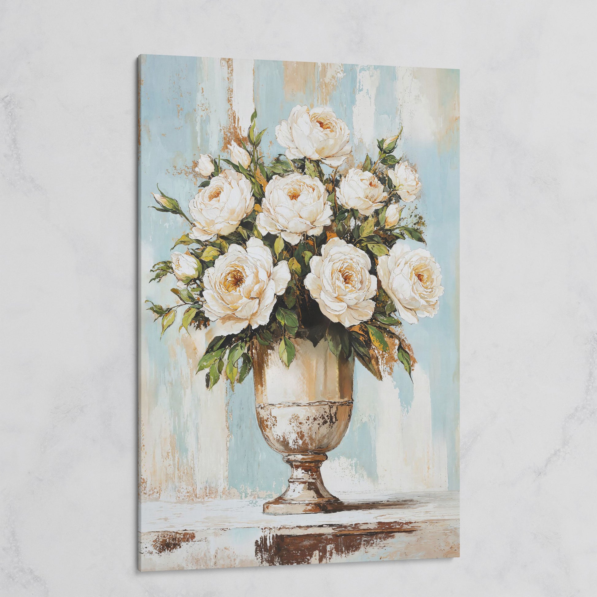 White Roses in an Ornate Vase, Floral Canvas Wall Art on gallery wrap