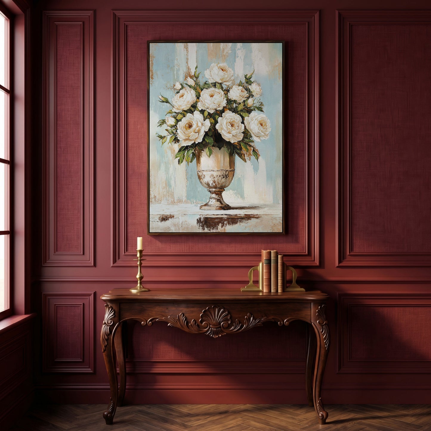 White Roses in an Ornate Vase, Floral Canvas Wall Art in dark walnut floating frame
