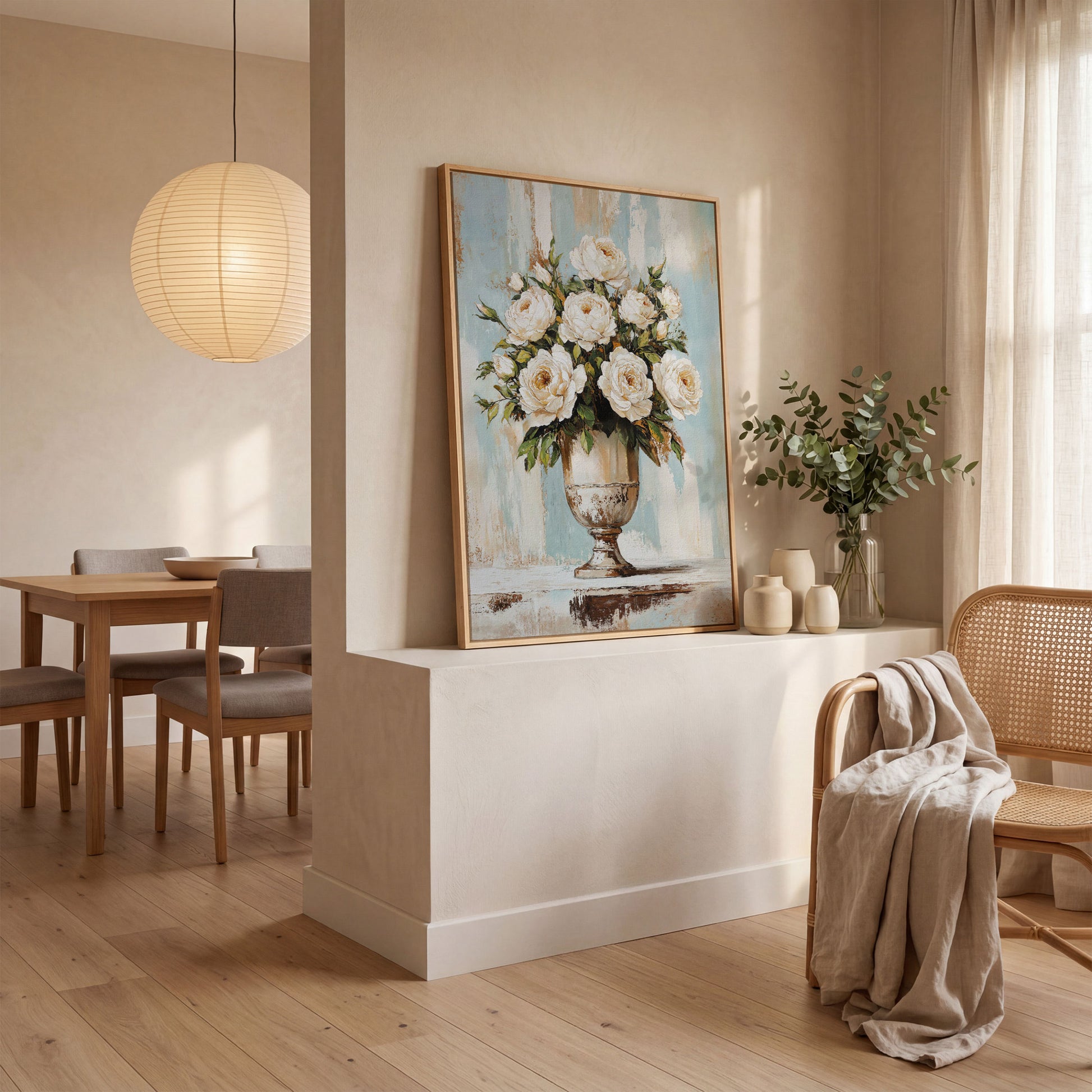 White Roses in an Ornate Vase, Floral Canvas Wall Art in white oak floating frame