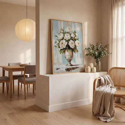 White Roses in an Ornate Vase, Floral Canvas Wall Art in white oak floating frame