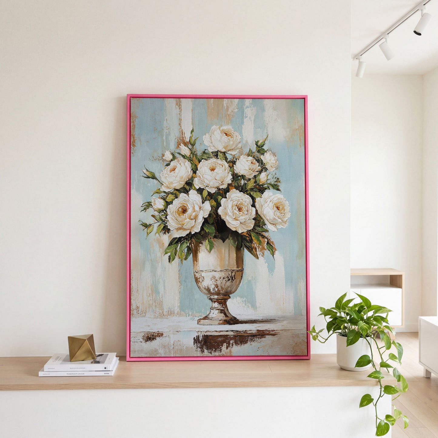 White Roses in an Ornate Vase, Floral Canvas Wall Art in pink floating frame