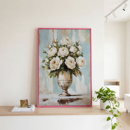 White Roses in an Ornate Vase, Floral Canvas Wall Art in pink floating frame
