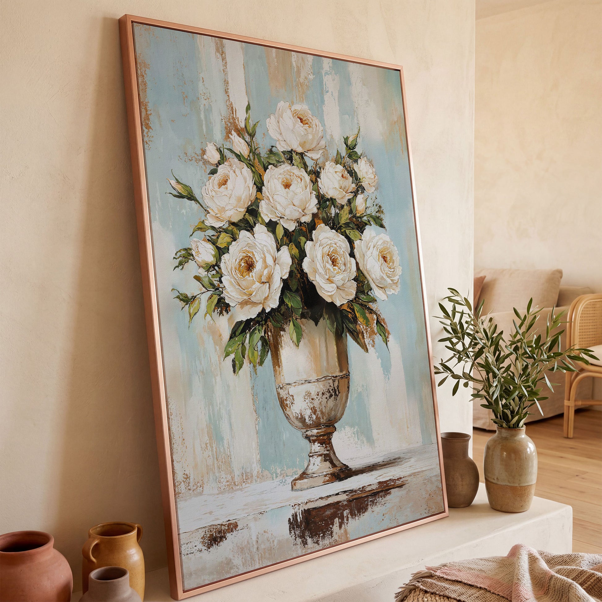 White Roses in an Ornate Vase, Floral Canvas Wall Art in rose gold floating frame