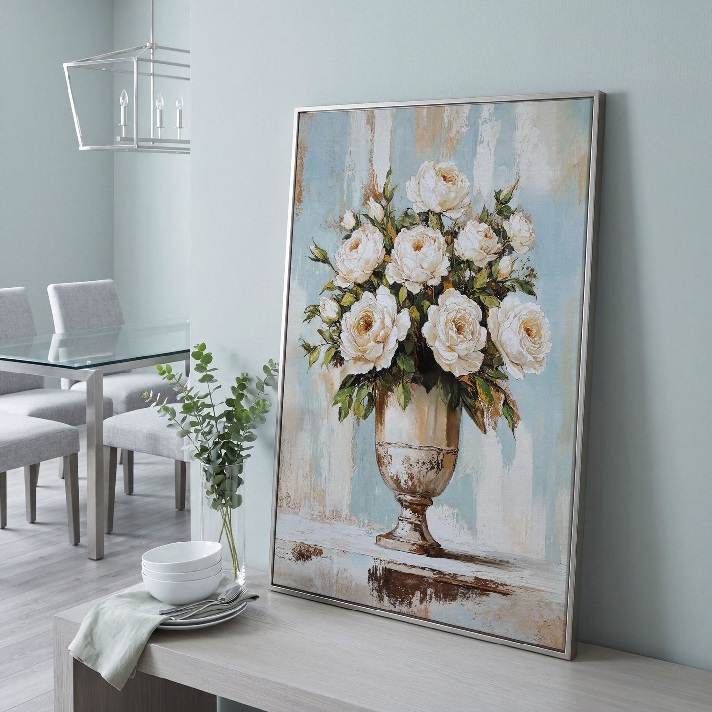 White Roses in an Ornate Vase, Floral Canvas Wall Art in silver floating frame