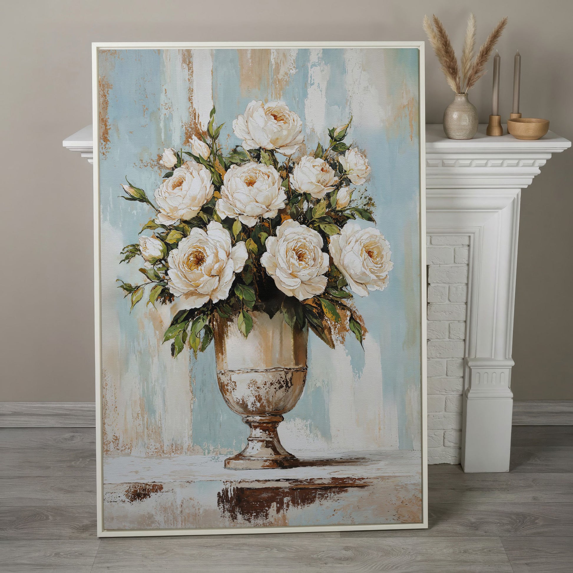 White Roses in an Ornate Vase, Floral Canvas Wall Art in white floating frame