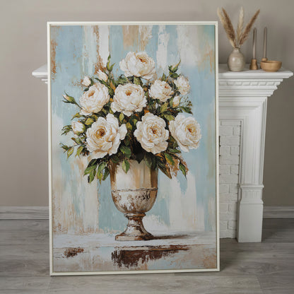 White Roses in an Ornate Vase, Floral Canvas Wall Art in white floating frame