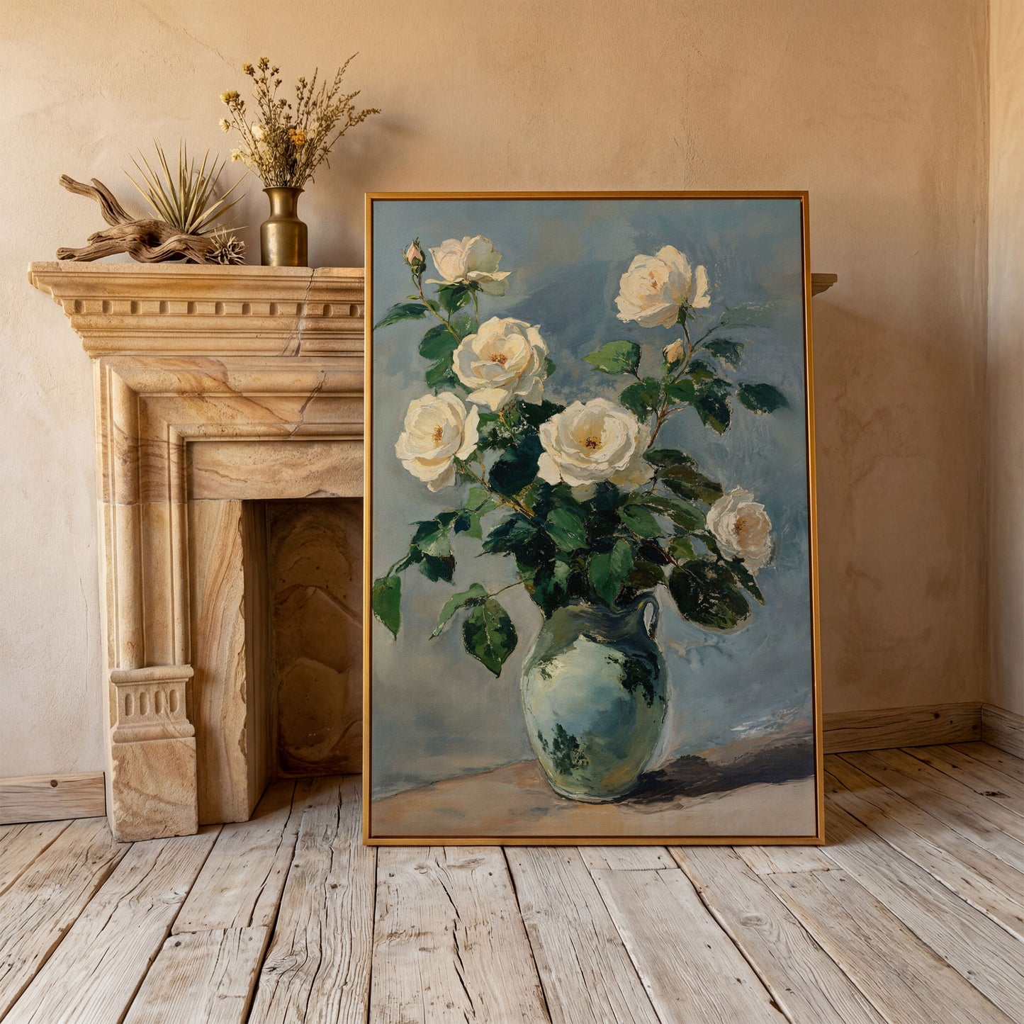 White Rose Bouquet in Vase Bohemian Canvas in antique gold floating frame