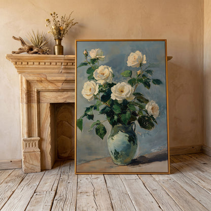 White Rose Bouquet in Vase Bohemian Canvas in antique gold floating frame