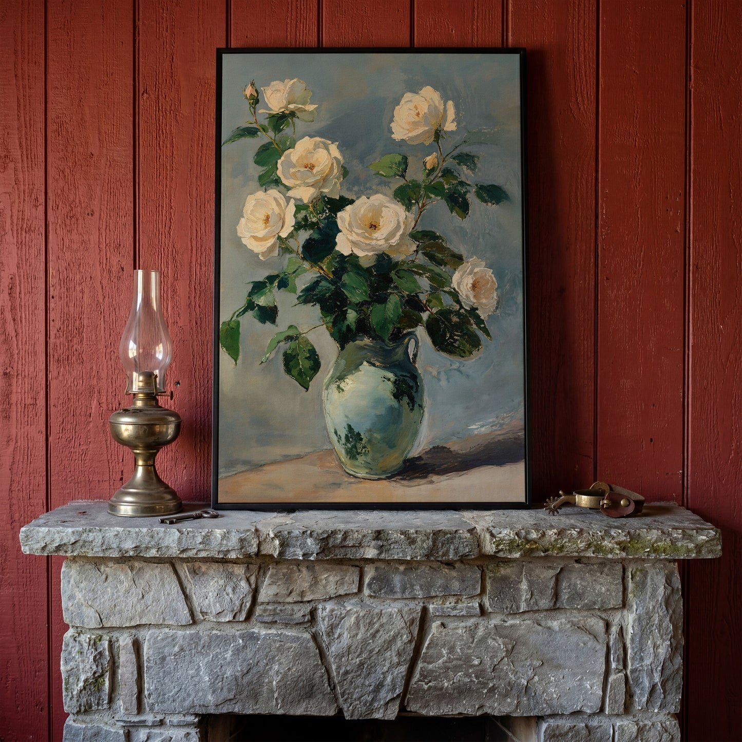 White Rose Bouquet in Vase Bohemian Canvas in black floating frame