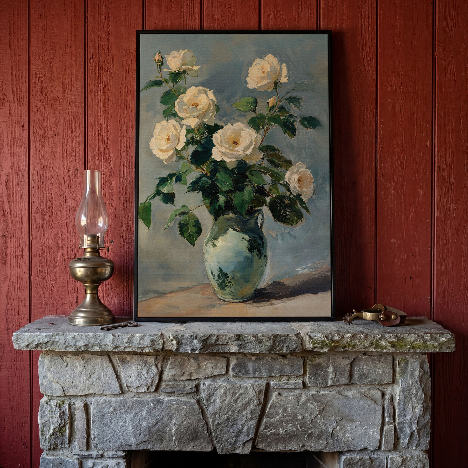 White Rose Bouquet in Vase Bohemian Canvas in black floating frame