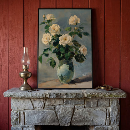 White Rose Bouquet in Vase Bohemian Canvas in black floating frame