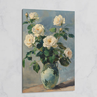 White Rose Bouquet in Vase Bohemian Canvas on gallery wrap