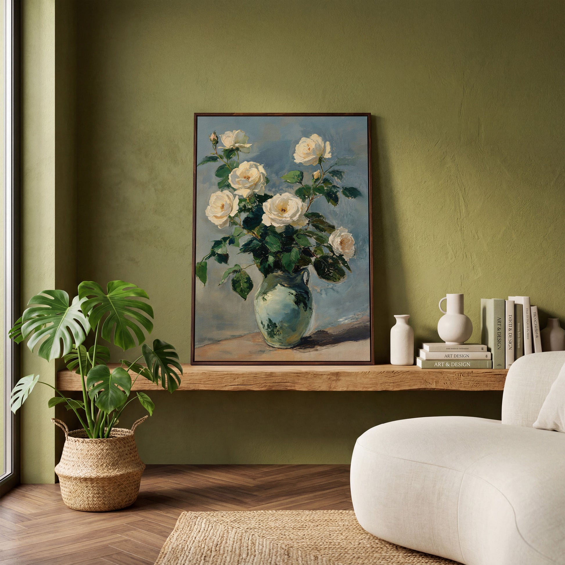 White Rose Bouquet in Vase Bohemian Canvas in dark walnut floating frame