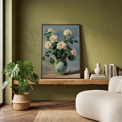 White Rose Bouquet in Vase Bohemian Canvas in dark walnut floating frame