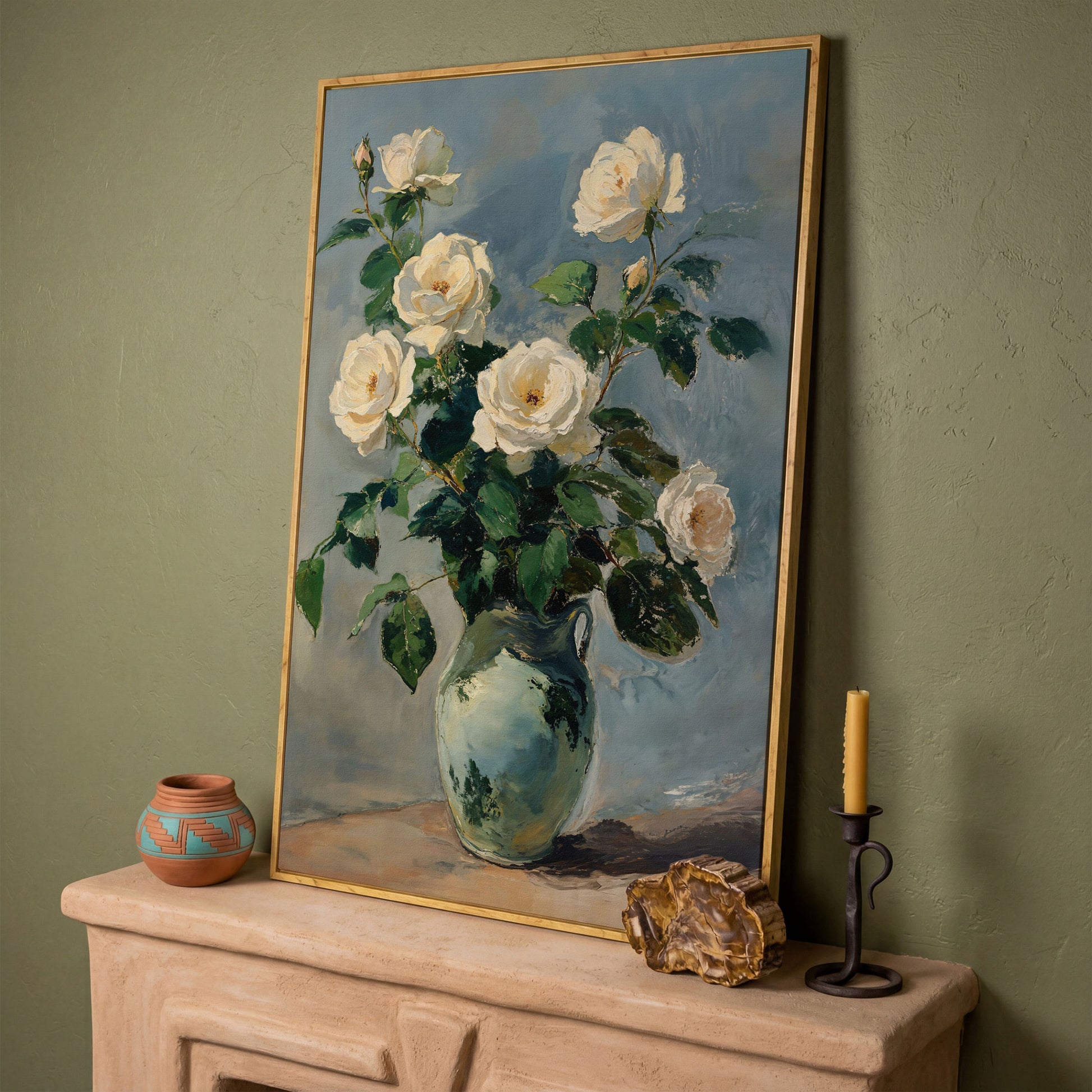 White Rose Bouquet in Vase Bohemian Canvas in white oak floating frame