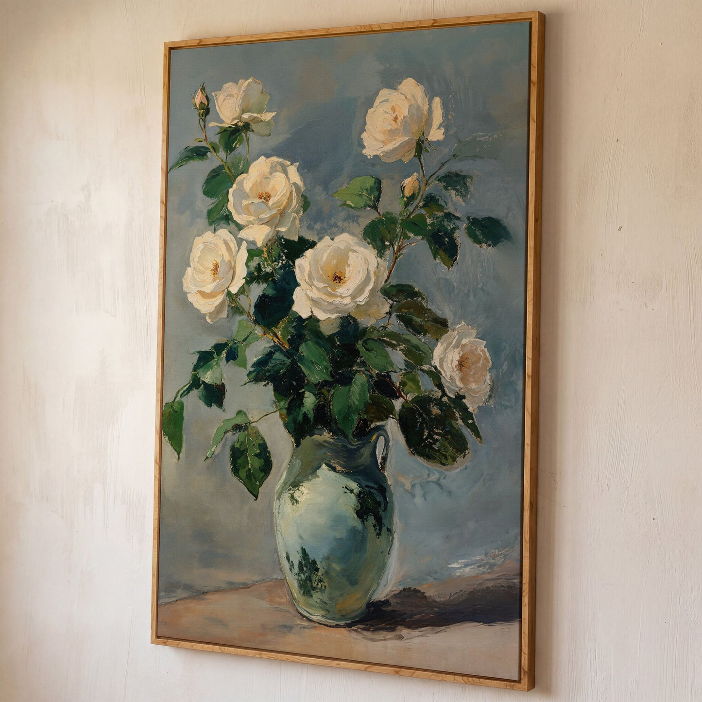 White Rose Bouquet in Vase Bohemian Canvas shown in white oak floating frame