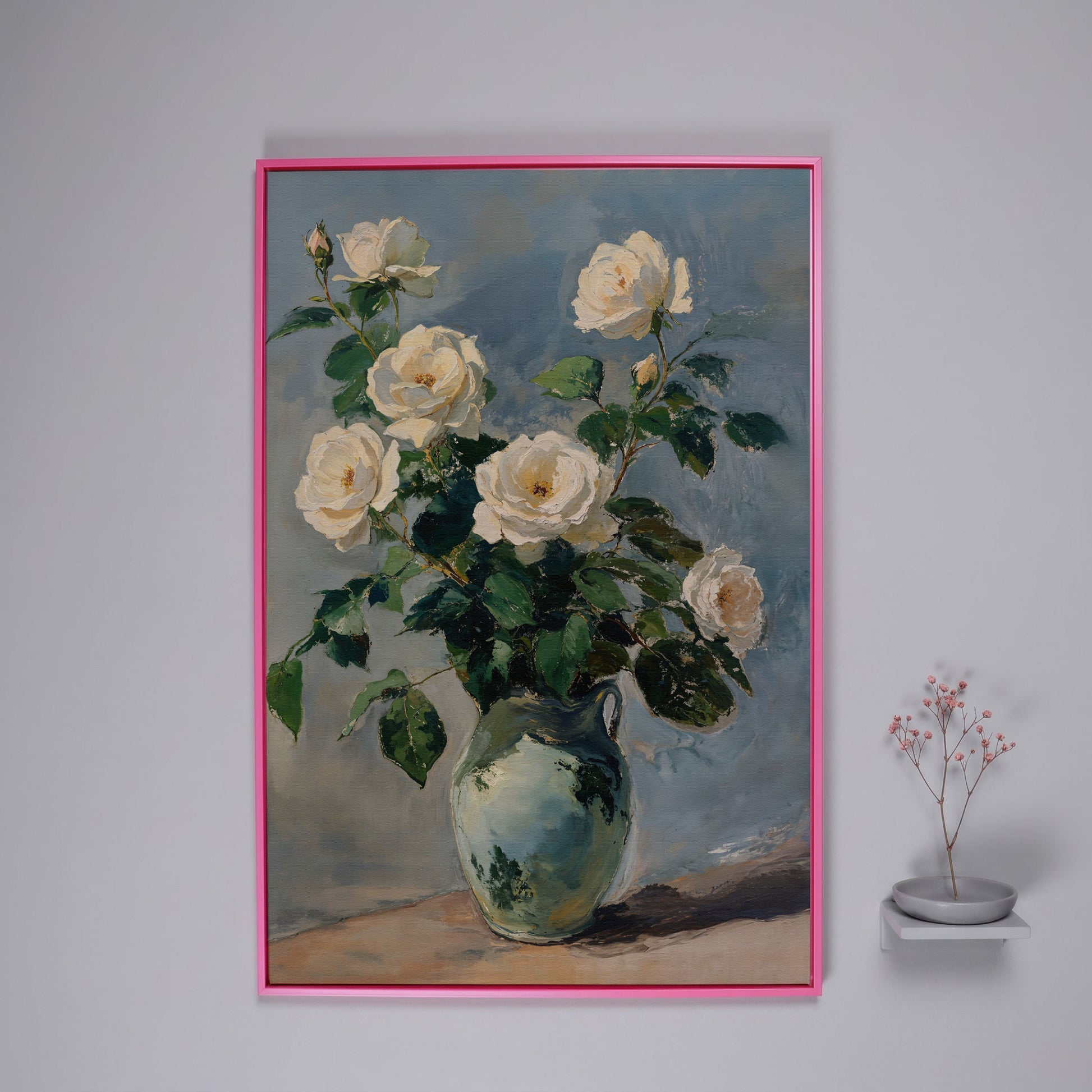 White Rose Bouquet in Vase Bohemian Canvas in pink floating frame