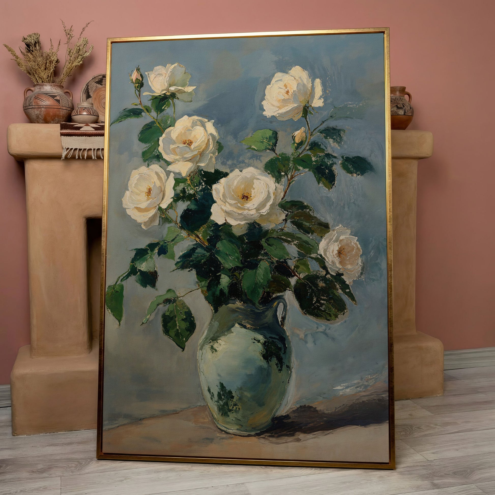 White Rose Bouquet in Vase Bohemian Canvas in rose gold floating frame