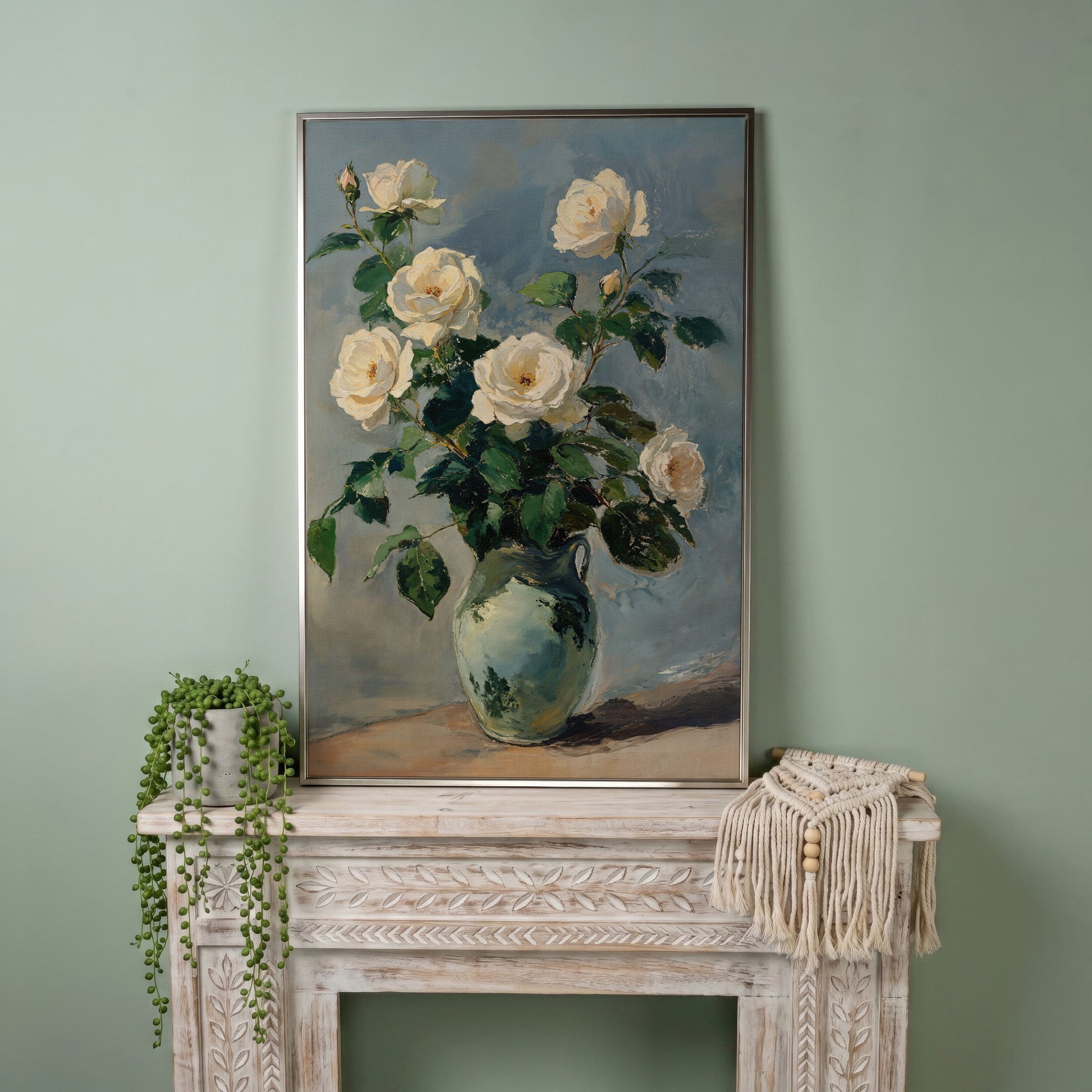 White Rose Bouquet in Vase Bohemian Canvas in silver floating frame