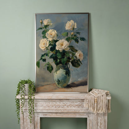 White Rose Bouquet in Vase Bohemian Canvas in silver floating frame