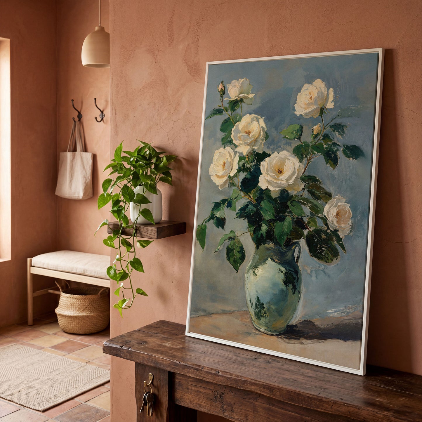 White Rose Bouquet in Vase Bohemian Canvas in white floating frame
