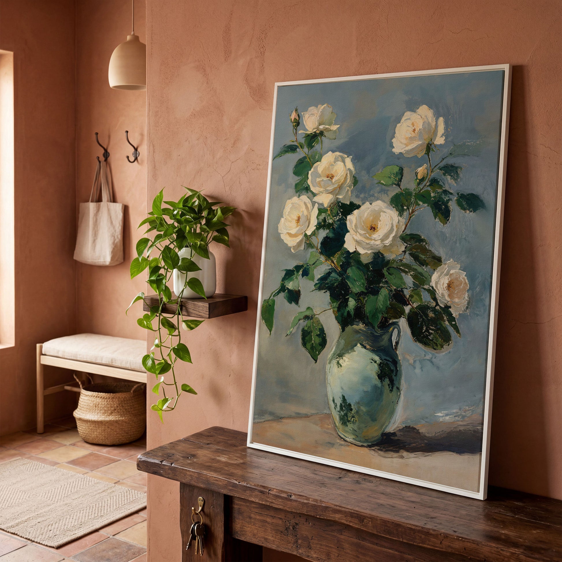 White Rose Bouquet in Vase Bohemian Canvas in white floating frame