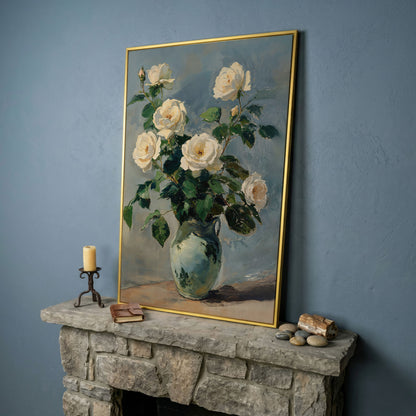 White Rose Bouquet in Vase Bohemian Canvas in yellow gold floating frame