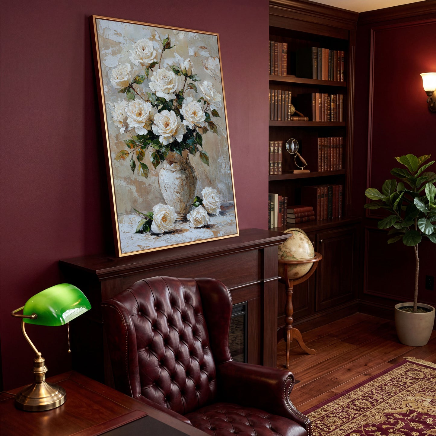 White Rose Bouquet with Taupe Palette Canvas in antique gold floating frame