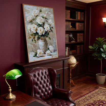 White Rose Bouquet with Taupe Palette Canvas in antique gold floating frame