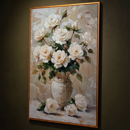 White Rose Bouquet with Taupe Palette Canvas shown in antique gold floating frame