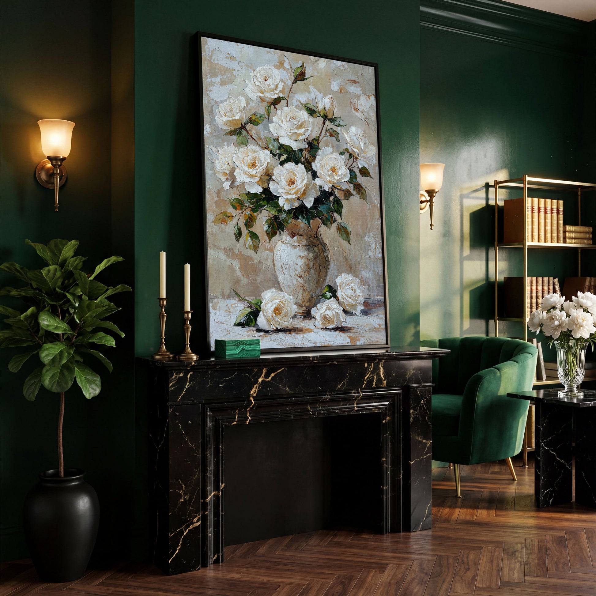 White Rose Bouquet with Taupe Palette Canvas in black floating frame