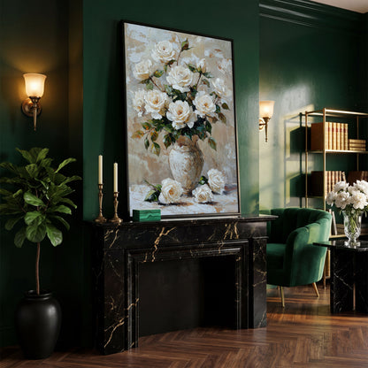 White Rose Bouquet with Taupe Palette Canvas in black floating frame