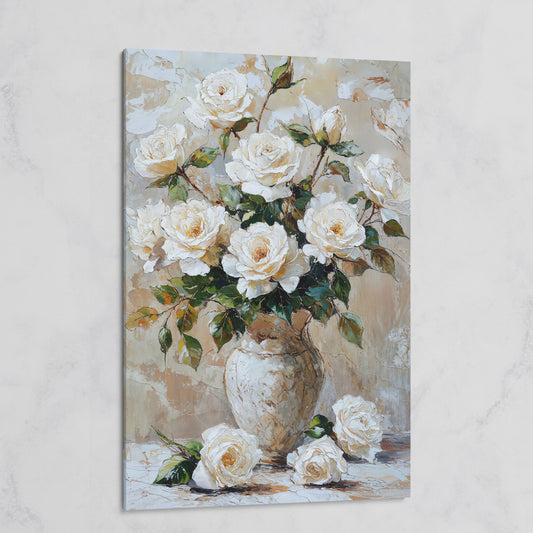 White Rose Bouquet with Taupe Palette Canvas on gallery wrap
