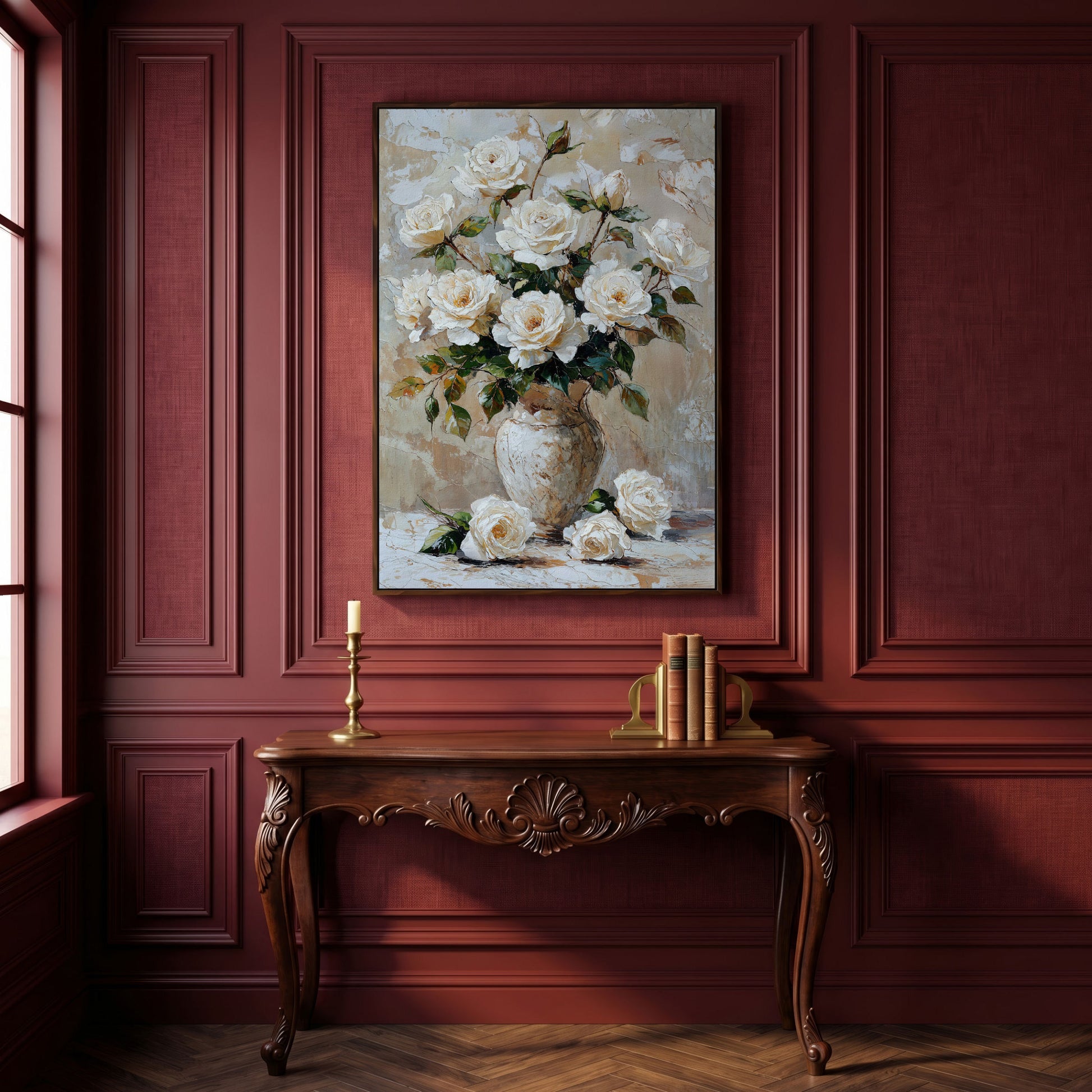 White Rose Bouquet with Taupe Palette Canvas in dark walnut floating frame