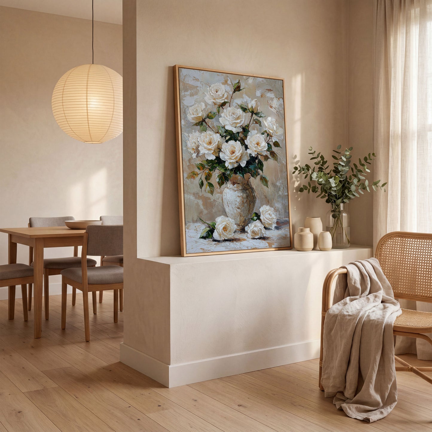White Rose Bouquet with Taupe Palette Canvas in white oak floating frame