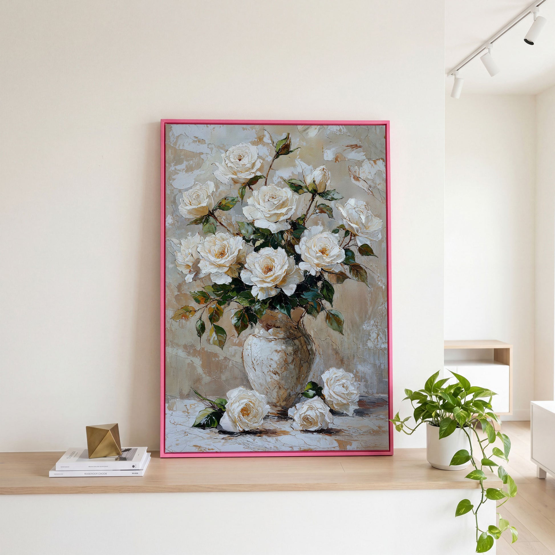 White Rose Bouquet with Taupe Palette Canvas in pink floating frame