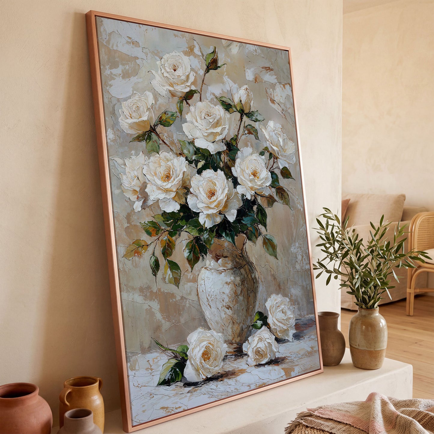 White Rose Bouquet with Taupe Palette Canvas in rose gold floating frame