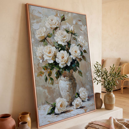 White Rose Bouquet with Taupe Palette Canvas in rose gold floating frame