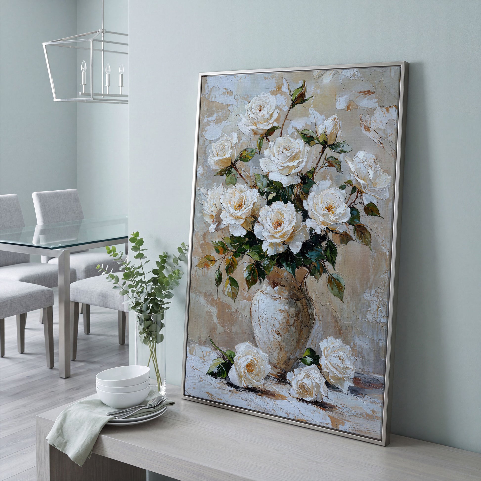 White Rose Bouquet with Taupe Palette Canvas in silver floating frame