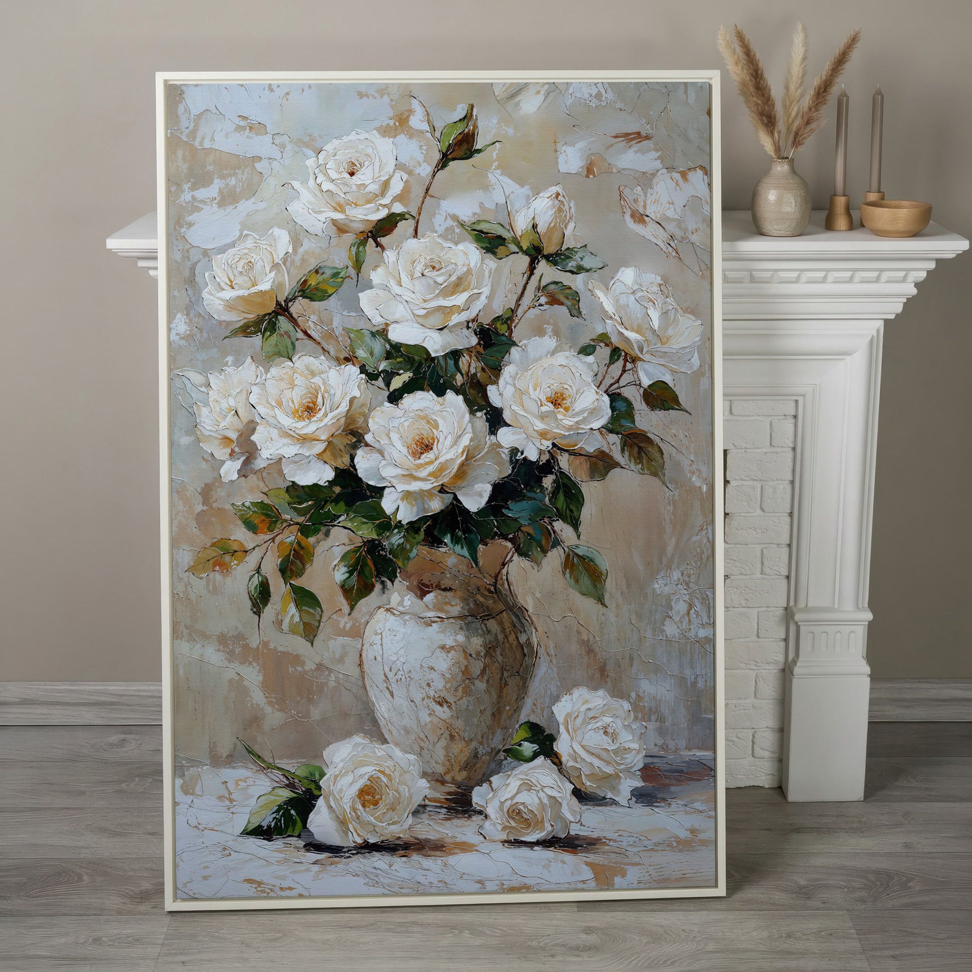 White Rose Bouquet with Taupe Palette Canvas in white floating frame