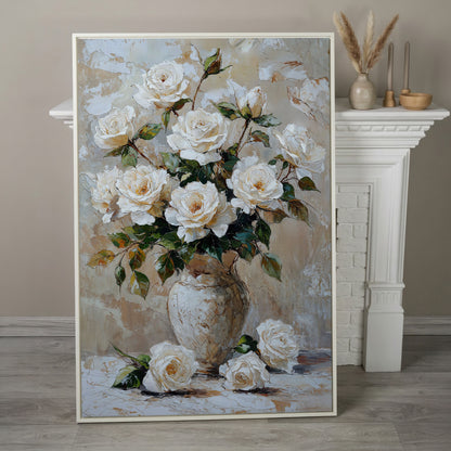 White Rose Bouquet with Taupe Palette Canvas in white floating frame