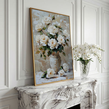 White Rose Bouquet with Taupe Palette Canvas in yellow gold floating frame